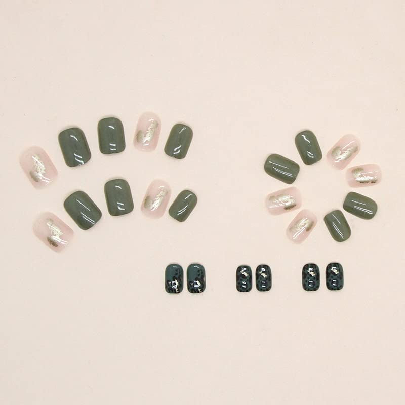 Press on Nails Short Square Fake Nails Green False Nails with Glitter Designs White Acrylic Nails Leopard Artificial Nails Full Cover Glue on Nails Glossy Stick on Nails for Women