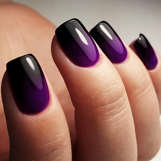 24PCS Purple Press on Nails Short Square Ombre Fake Nails Glossy Glue on Nails Acrylic Nails Full Cover Purple Black False Nails Stick on Nails Short Artificial Nails for Women