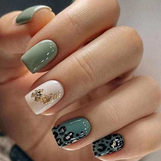 Press on Nails Short Square Fake Nails Green False Nails with Glitter Designs White Acrylic Nails Leopard Artificial Nails Full Cover Glue on Nails Glossy Stick on Nails for Women