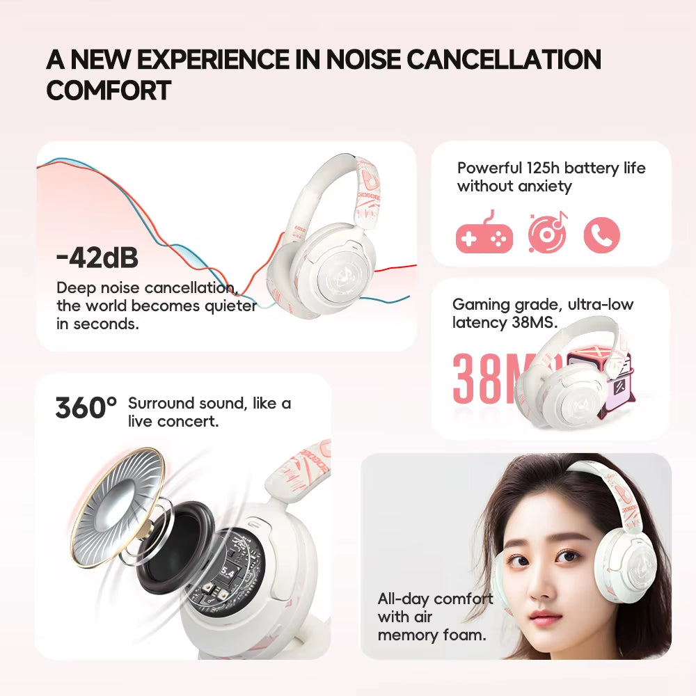 Hand Painted ANC Wireless Headphones over Ear Active Noise Cancelling Bluetooth 5.4 Headset Deep Bass with Microphones