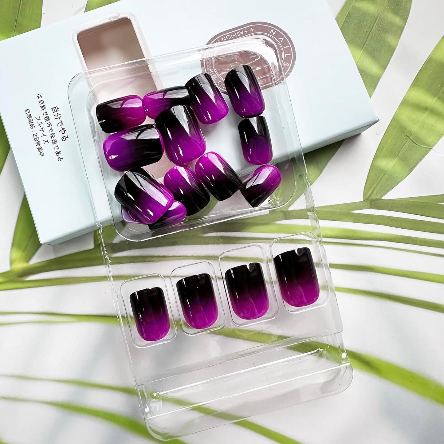 24PCS Purple Press on Nails Short Square Ombre Fake Nails Glossy Glue on Nails Acrylic Nails Full Cover Purple Black False Nails Stick on Nails Short Artificial Nails for Women