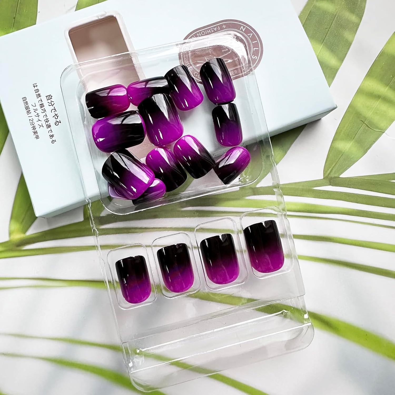 24PCS Purple Press on Nails Short Square Ombre Fake Nails Glossy Glue on Nails Acrylic Nails Full Cover Purple Black False Nails Stick on Nails Short Artificial Nails for Women