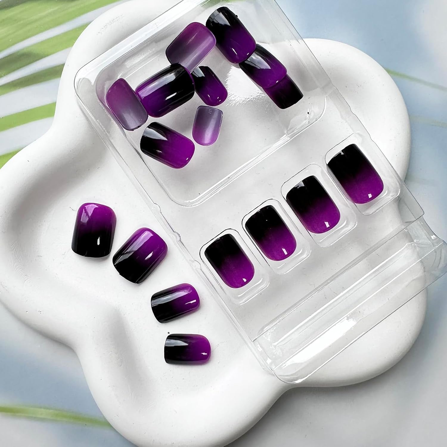 24PCS Purple Press on Nails Short Square Ombre Fake Nails Glossy Glue on Nails Acrylic Nails Full Cover Purple Black False Nails Stick on Nails Short Artificial Nails for Women