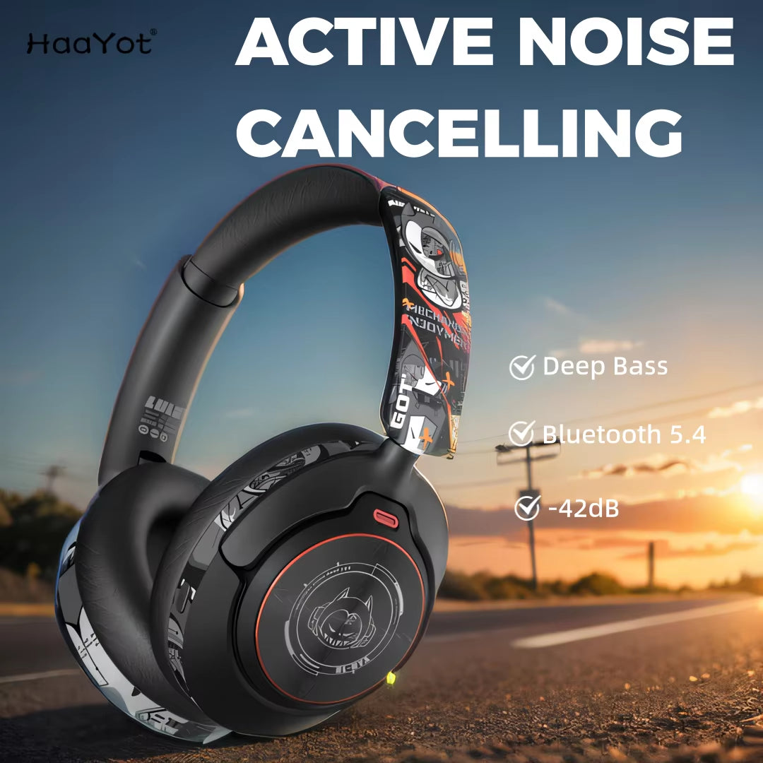 Hand Painted ANC Wireless Headphones over Ear Active Noise Cancelling Bluetooth 5.4 Headset Deep Bass with Microphones