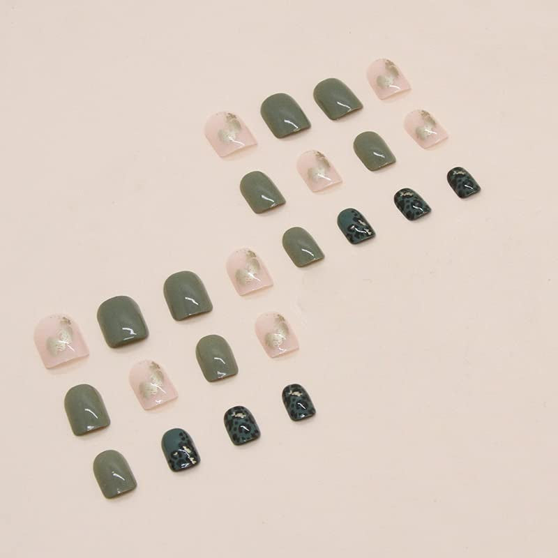 Press on Nails Short Square Fake Nails Green False Nails with Glitter Designs White Acrylic Nails Leopard Artificial Nails Full Cover Glue on Nails Glossy Stick on Nails for Women